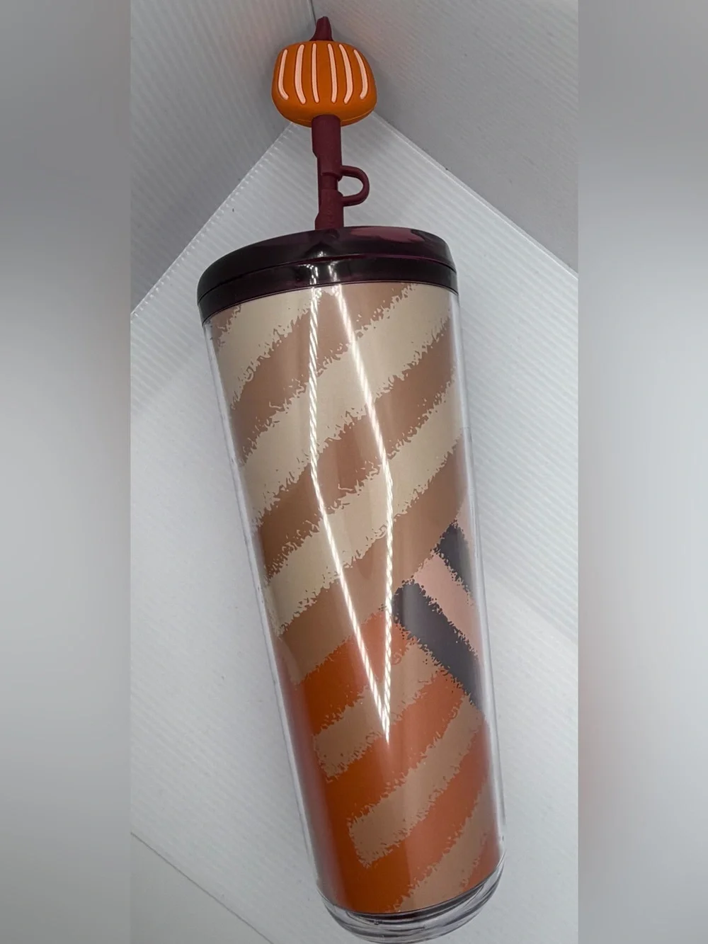 Starbucks Diagonal Striped Tumbler - Brown, Cream & Orange With Pumpkin Topper